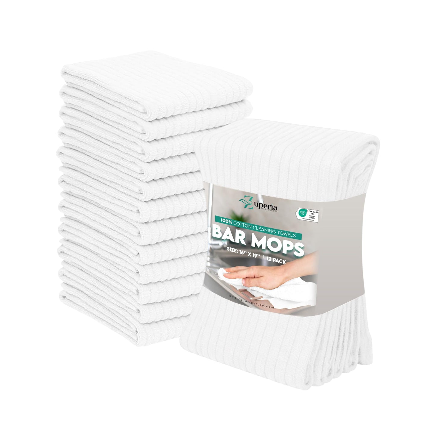 ZUPERIA Bar Mop Kitchen Towels - Pack of 12 (16"x19”) 100% Ring Spun Cotton - Dish Washcloths For Superb Cleaning and Less Lint - Highly Absorbent Dish Cloths and Dish Towels For Everyday use (White)