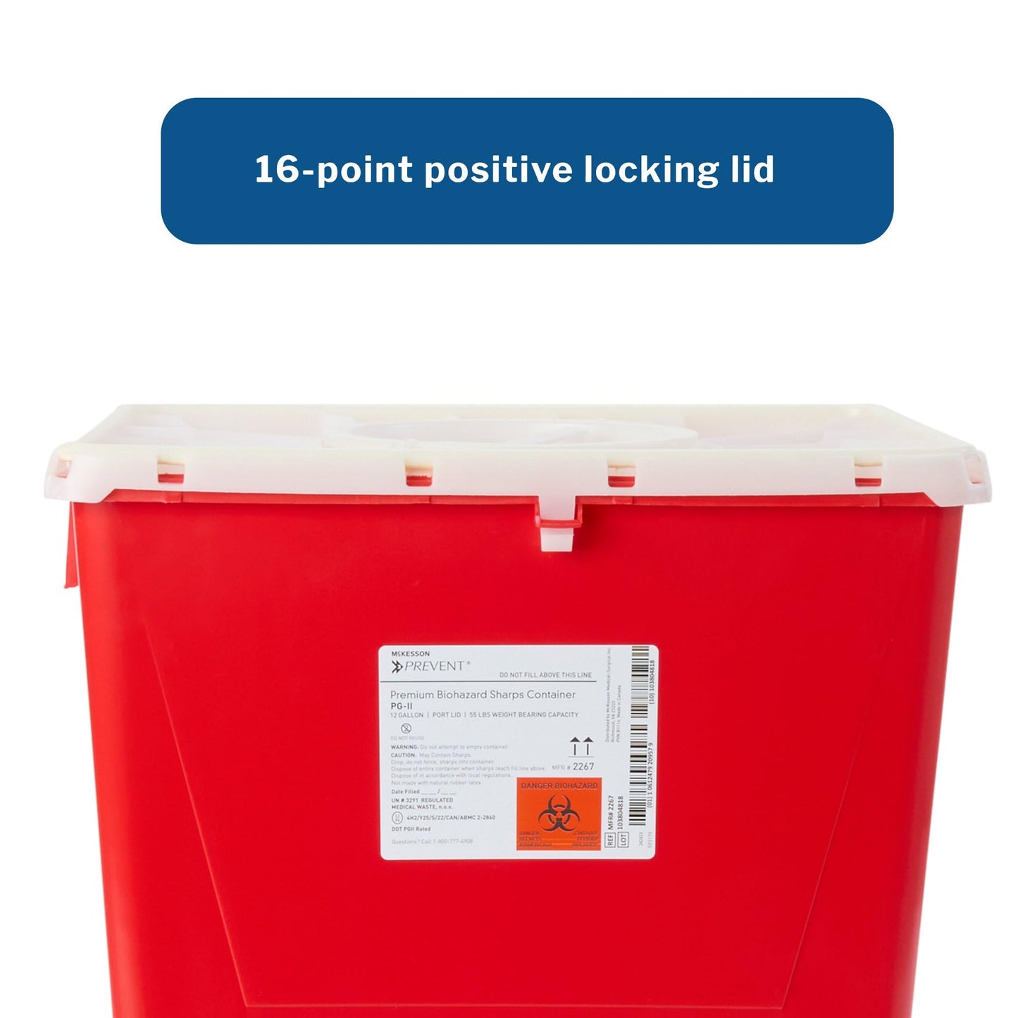 McKesson Prevent Biohazard Sharps Container, Premium - PG-II, Plastic, Vertical Entry, Rotating Lid - Red, 12 gal, 13 in x 17 3/10 in x 20 4/5 in, 1 Count