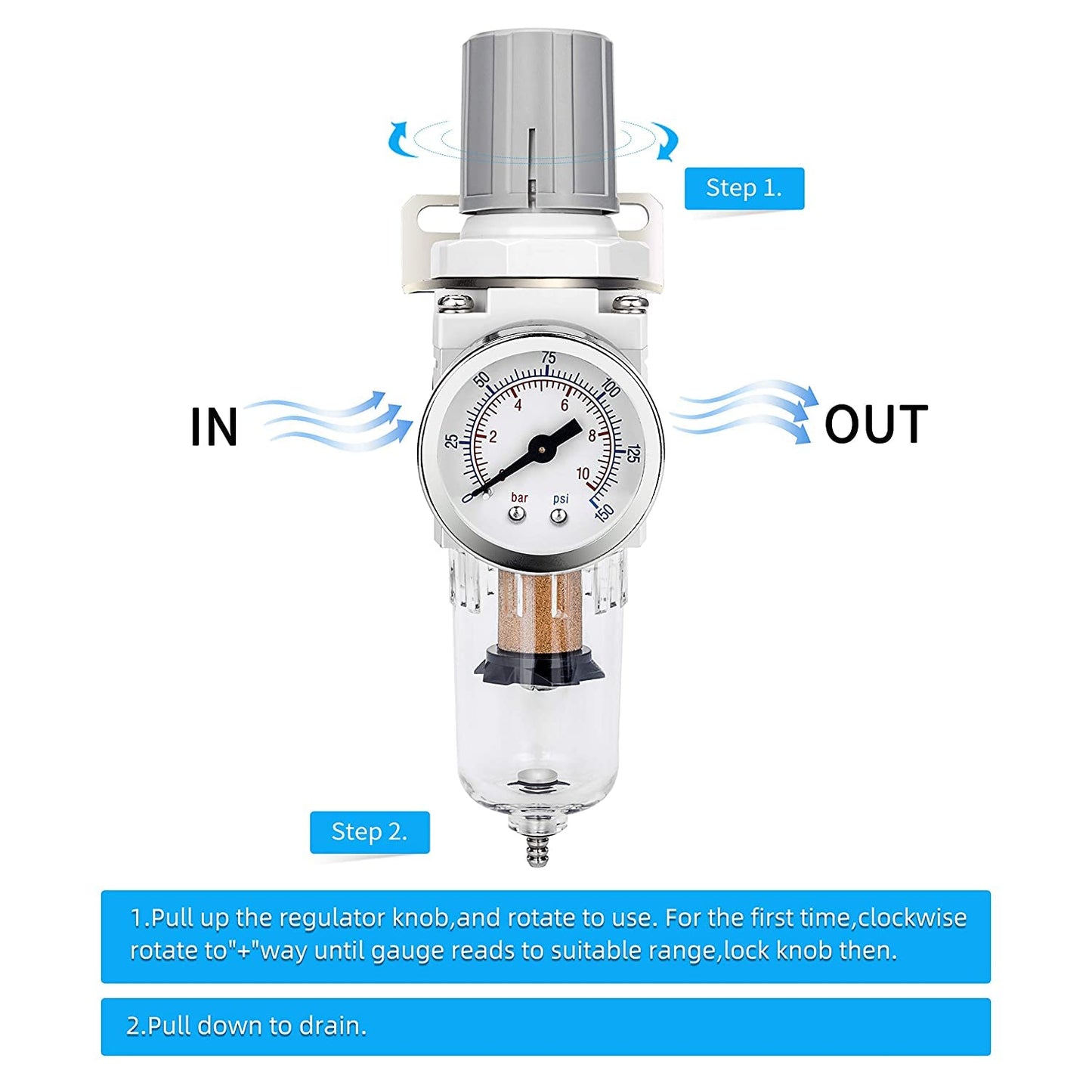 NANPU 1/4" NPT Compressed Air Filter Regulator Combo Piggyback, 5 Micron Brass Element, Poly Bowl, Semi-Auto Drain, Metal Bracket, 0-150 psi Gauge