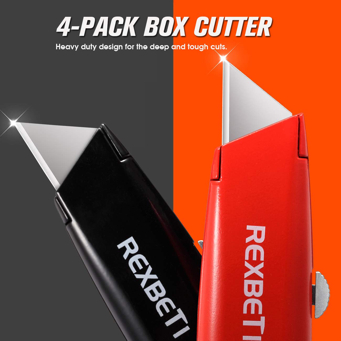 REXBETI 4-Pack Utility Knife, Heavy Duty Aluminum Shell Retractable Box Cutter for Cartons, Cardboard and Boxes, Extra 10 Blades Included
