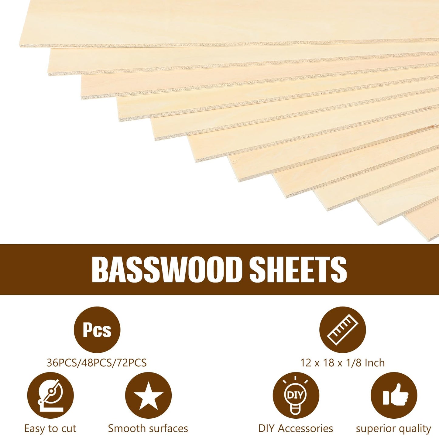 Riakrum Basswood Sheets Plywood Board Unfinished Wood Boards for Crafts for DIY Laser Projects Architectural Mini House Building Hobby Model Making(12 x 18 x 1/8 Inch,72)