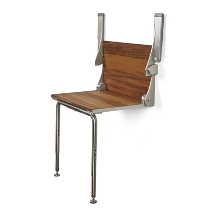 Silhouette Comfort Plus Folding Shower Seat with Armrests & Legs – Heavy-Duty Wall-Mounted Shower Bench, Teak Wood Seat with Silver Frame
