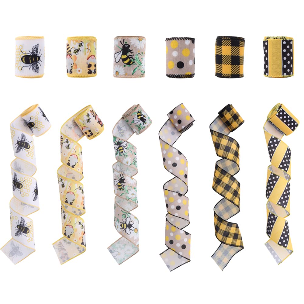 SiCai Ribbon 6 Rolls 30 Yards Bee Ribbon,Wired Edge Ribbon,Honey Ribbon for Spring Summer Craft Wrapping,2.5 inches Stripes,Polka,Dots,Gnome Ribbons Floral Arrangements,Packages,Home Decor