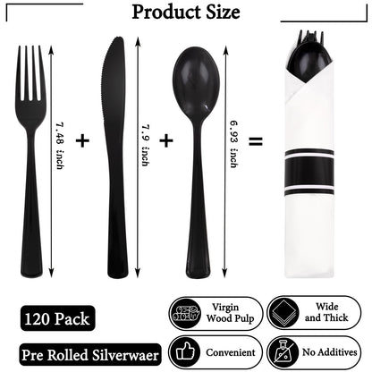 Supernal 120 Pack Black Plastic Silverware,Rolled Silverware Disposable,Pre Wrapped Cutlery Set with Napkin,Plastic Utensils Heavy Duty, Rolled Black Cutlery
