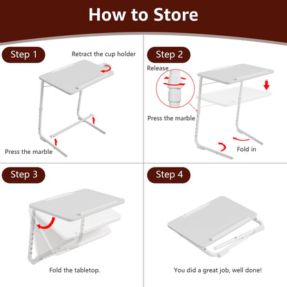 TV Trays Set of 2 - Folding TV Tray Adjustable Dinner Trays for Eating On Couch Wooden Tables Mate Stand Foldable White Desk with Cup Holder Portable
