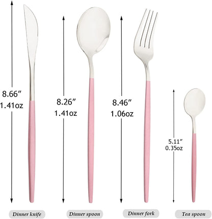 Mirror Cutlery Serving Set, 24-Piece Stainless Steel Silverware with Pink Handle, Modern Tableware for Home Party