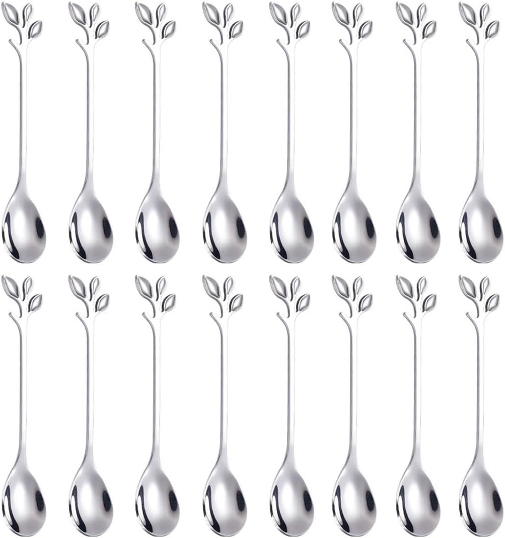 AnSaw 16-Pieces 4.7-Inch Small Coffee Spoons with Leaf Handle, Silver