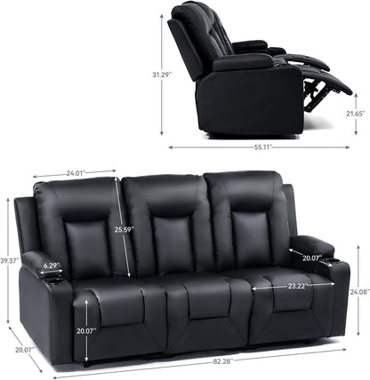 LUCKLIFE Leather Recliner Sofa Set with Manual Recliners,Living Room Furniture Set with Reclining Couch,Loveseat and Armchair,Living Room Chair with Cup Holders,Black (3)
