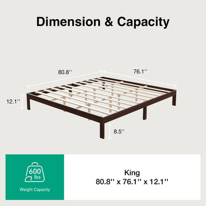 Novilla 12 Inch Wooden King Size Bed Frame, Classic Solid Wood Platform Bed Frame King Size, Sturdy Wood Slat Support, No Box Spring Needed, Easy Assembly, Walnut