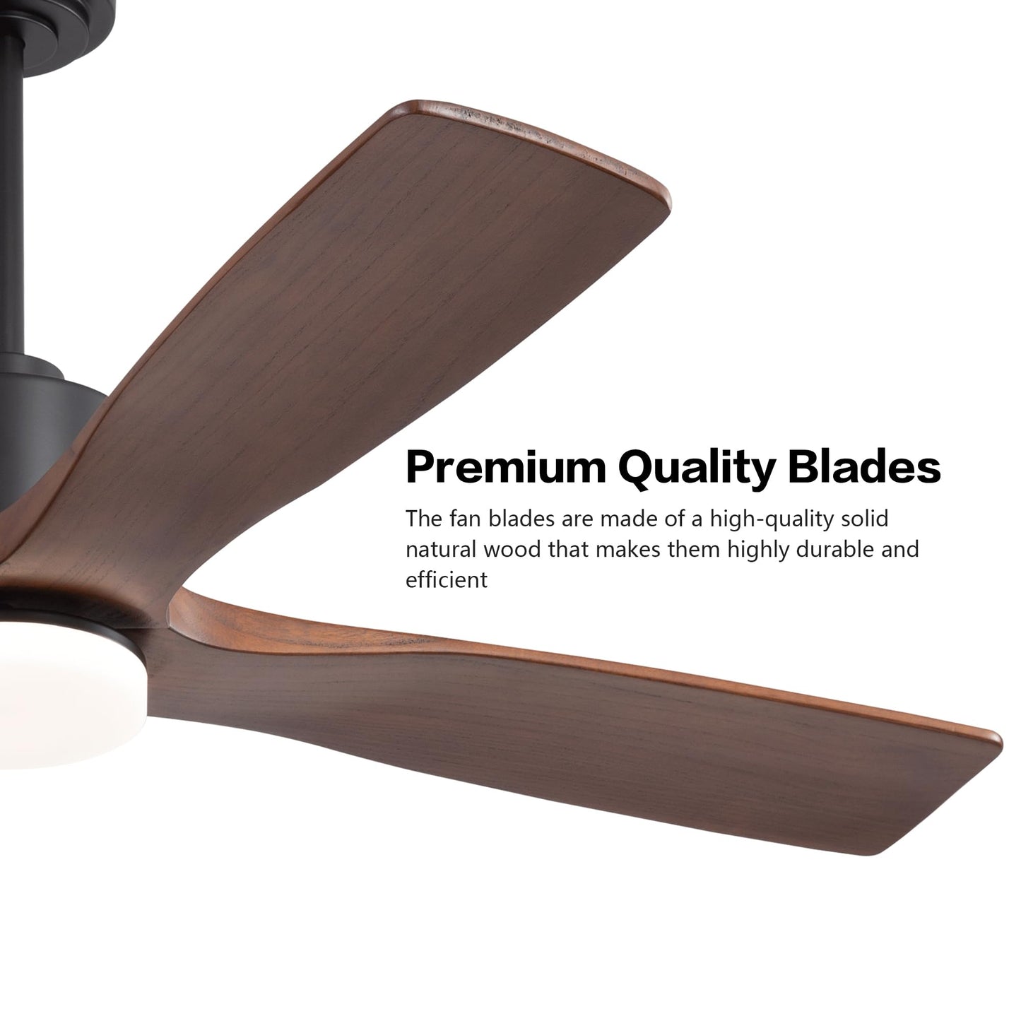 WINGBO 54 Inch DC Ceiling Fan with Lights and Remote Control, 4 Carved Solid Wood Blades, 6-Speed Noiseless Reversible DC Motor, Modern Ceiling Fan in Black Finish with Walnut Blades