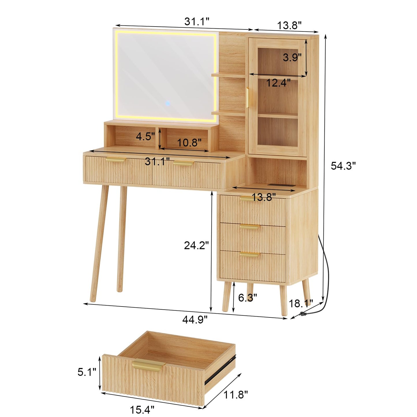GAOMON Modern Fluted Makeup Vanity Desk with Lights & Power Outlet, 28" HD Lighted Mirror, 7 Drawers & 4 Storage Shelves, Luxury Gold Accent Dressing Table for Women Bedroom