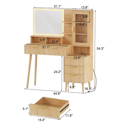 GAOMON Modern Fluted Makeup Vanity Desk with Lights & Power Outlet, 28" HD Lighted Mirror, 7 Drawers & 4 Storage Shelves, Luxury Gold Accent Dressing Table for Women Bedroom