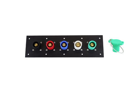 Power Assemblies 5 Position CAM Lock Panel, 400 Amp, 3 Phase 120/208V, Male, 90°, Double Set-Screw Connections with NEMA 3R Caps and Lanyards, Series 16 CAM Connectors, Power Distribution Panel