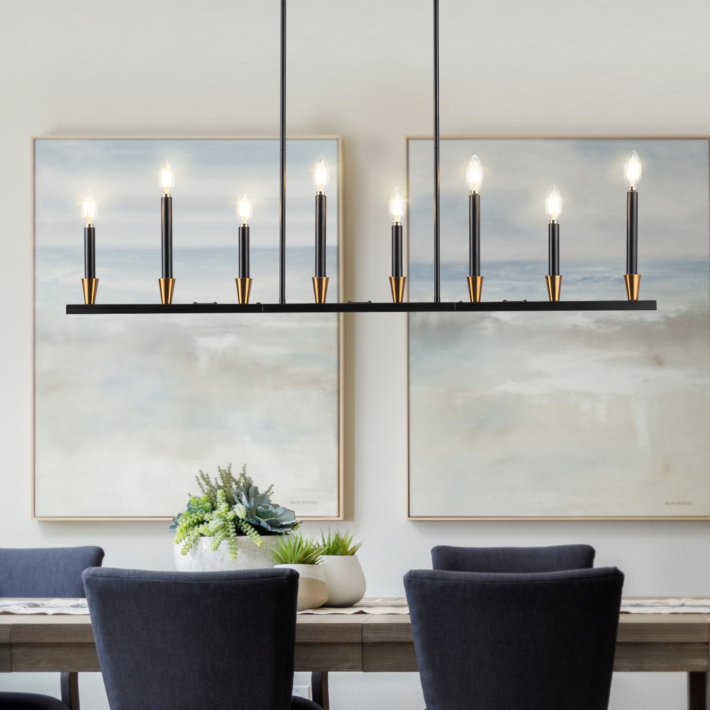 Knwjmv Black Linear Chandelier Candle Dining Room Light Fixture Long 46 Inch Island Chandeliers Black and Gold Linear Pendant Lighting Over Dining Table Kitchen Island