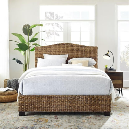 Pemberly Row Coastal Wood/Rattan King Platform Bed, Natural Brown Finish, Handwoven Banana Leaf, Matte Black Feet, 53.75" H x 82.5" W x 86" D, Includes Headboard/Footboard, Rustic Bedroom Furniture