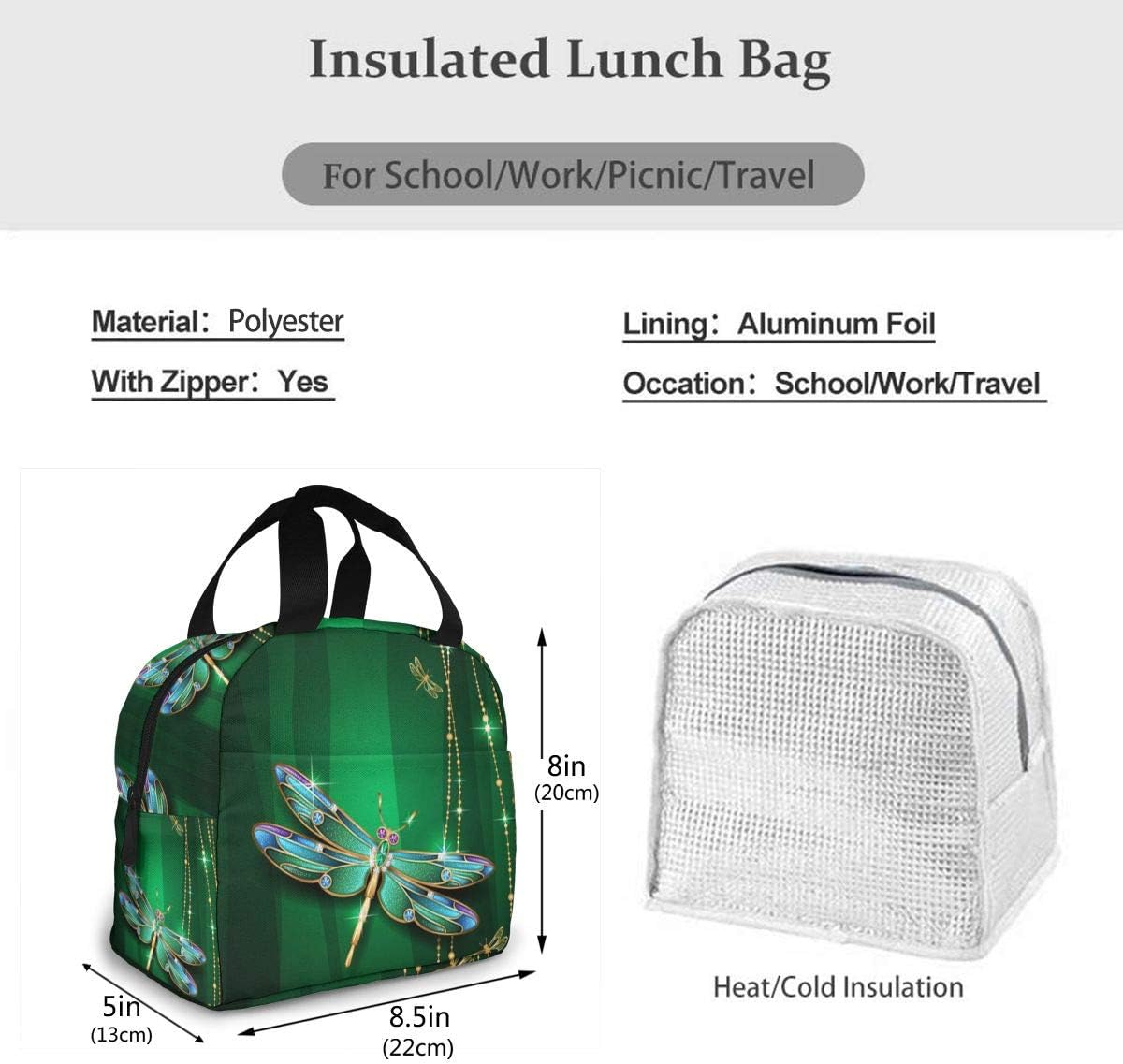 Dragonfly Green Insulated Lunch Box - Reusable Cooler Tote Bag for Women & Men Work Picnic or Travel