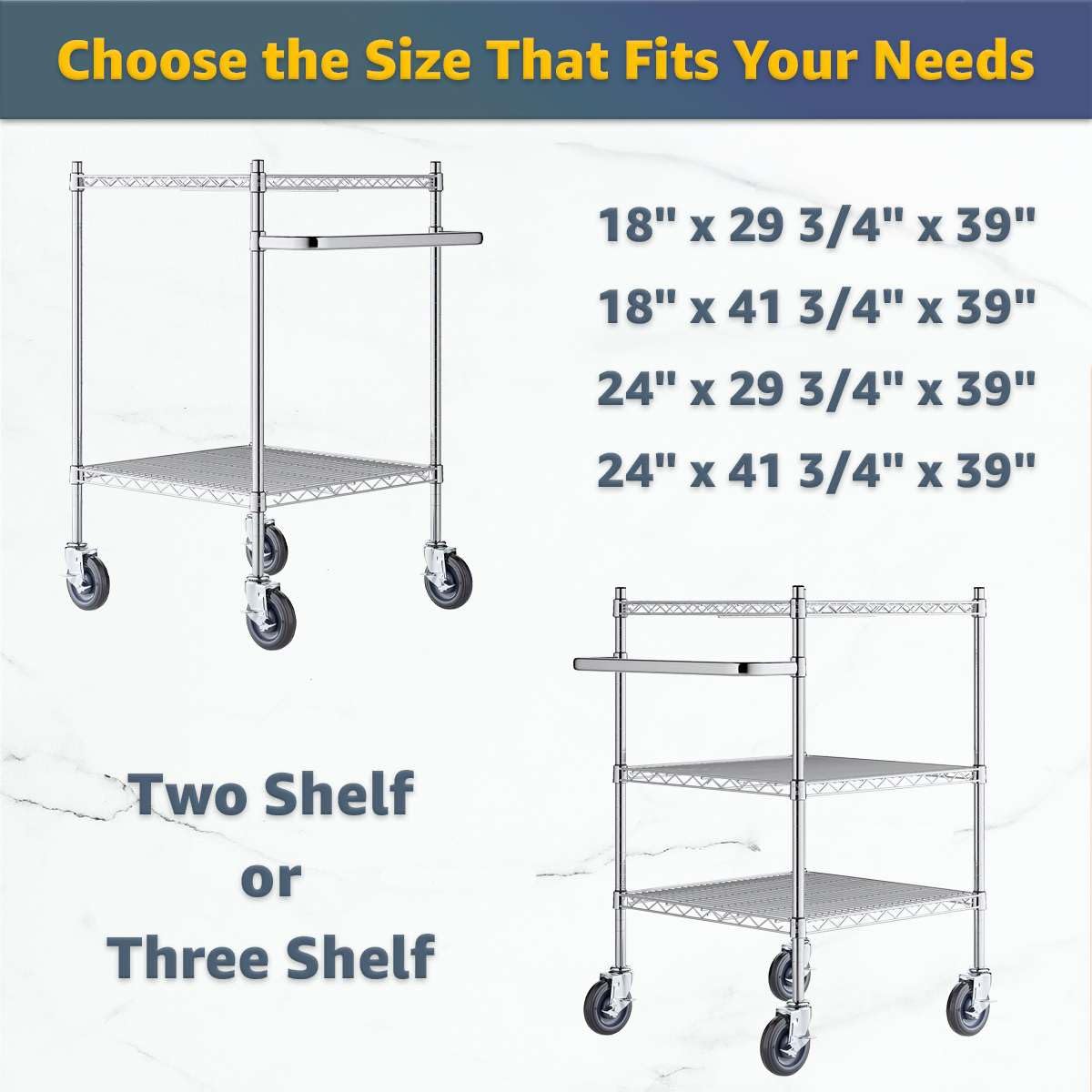 18" x 41 3/4" x 39" Commercial NSF Chrome 3 Shelf Metal Utility Cart with U-Shaped Handle - Heavy-Duty Wire Rolling Cart with Casters, Mobile Serving Storage Cart for Warehouse, Office, Kitchen