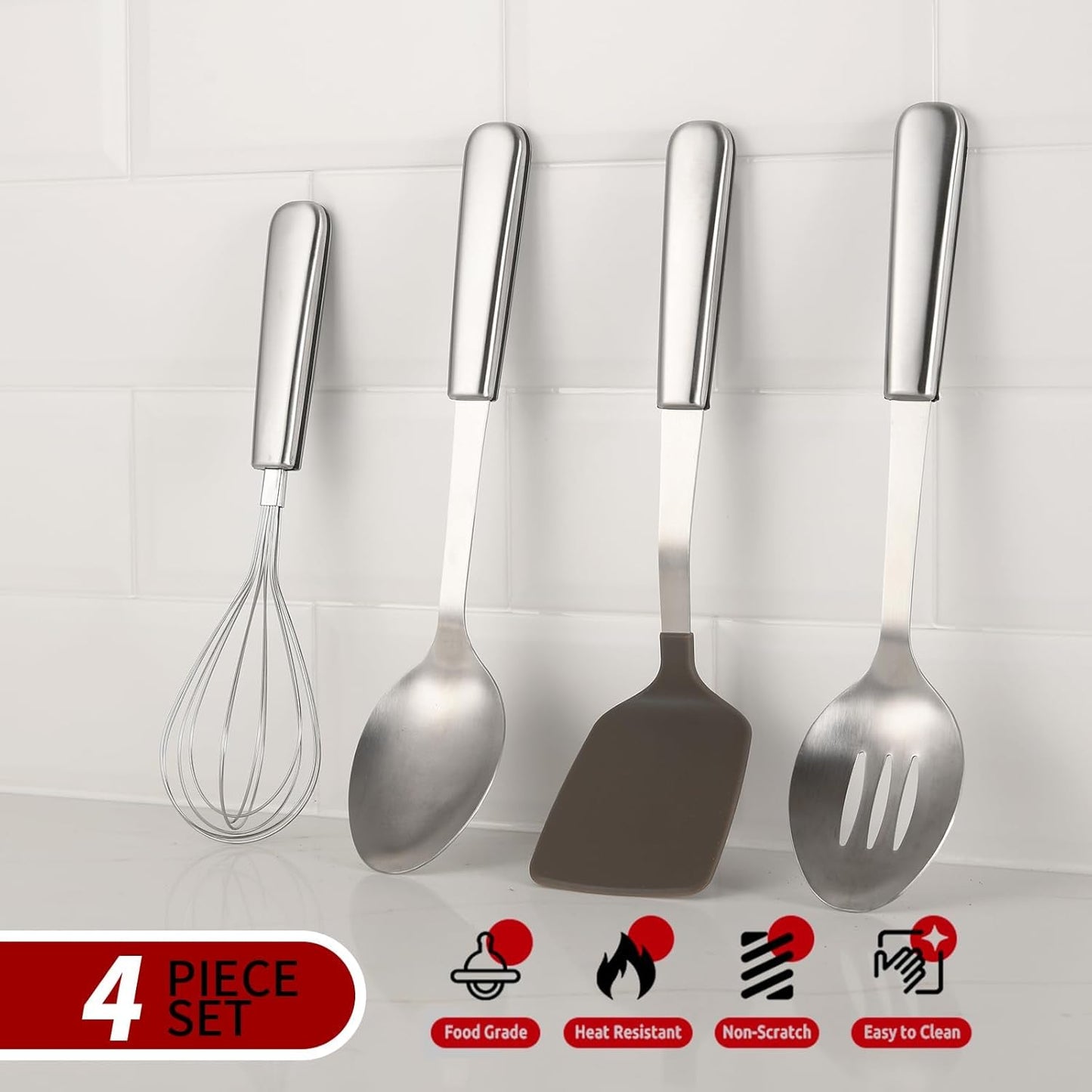 Stainless Steel Cooking Utensils Set, 4-piece Kitchen Utensil Set with Non-Stick and Heat Resistant Features