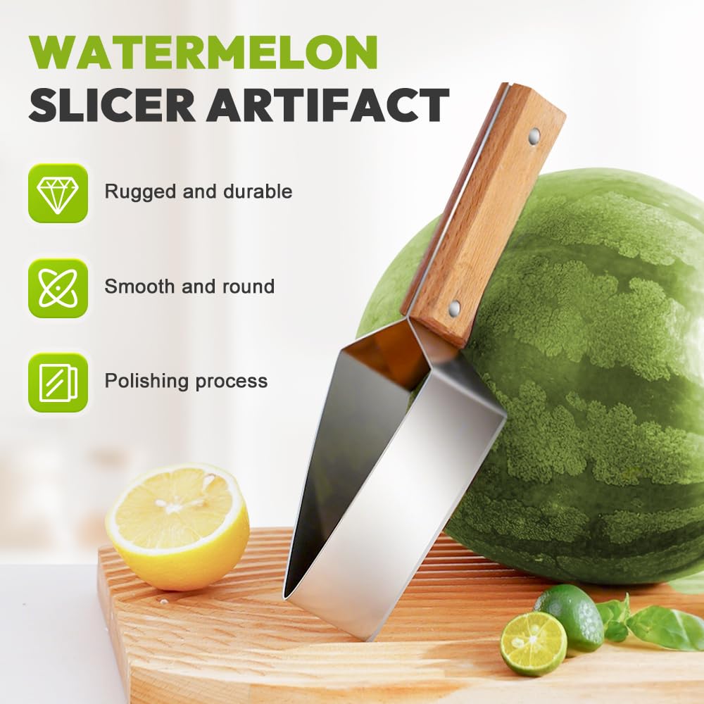 Triangle Watermelon Cutter, 2026 New Watermelon Slicer Cutter Stainless Steel, Multipurpose Melon Slicer Tool with Wooden Handle, Durable Melon Knife for Watermelon and Fruit (2 Piece)