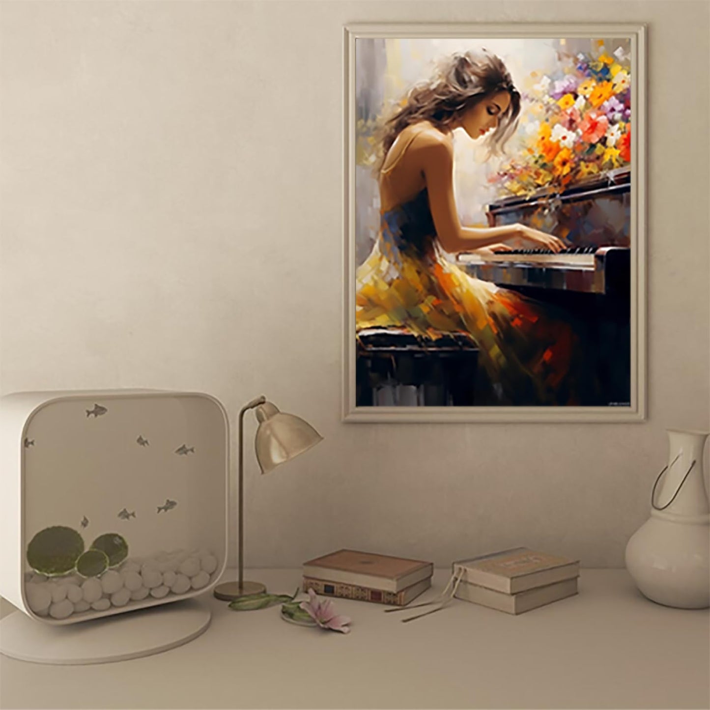 Woman Playing Piano with Flowers Diamond Painting, Aesthetic Piano Diamond Painting Kits, 5D DIY Diamond Painting Kits for Adults Diamond Art, for Room Home Wall Decor Gift 12x16 inch