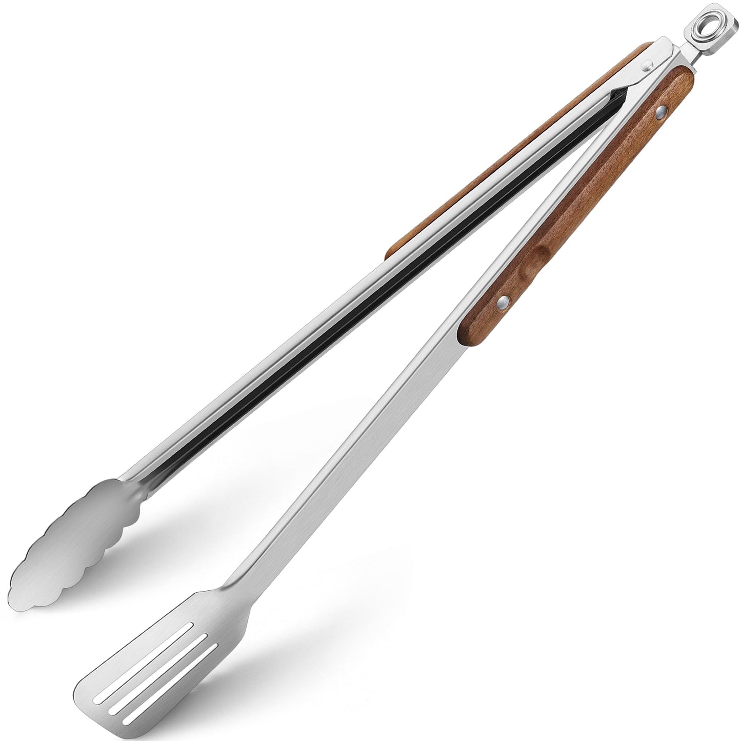 16-Inch Grill Tongs - Extra Long BBQ Tongs with Wood Handles - Heavy Duty Heat Resistant Barbecue Tong Stainless Steel Metal Tong for Cooking, Grill, Grilling, Charcoal, BBQ, Barbecue, Serving