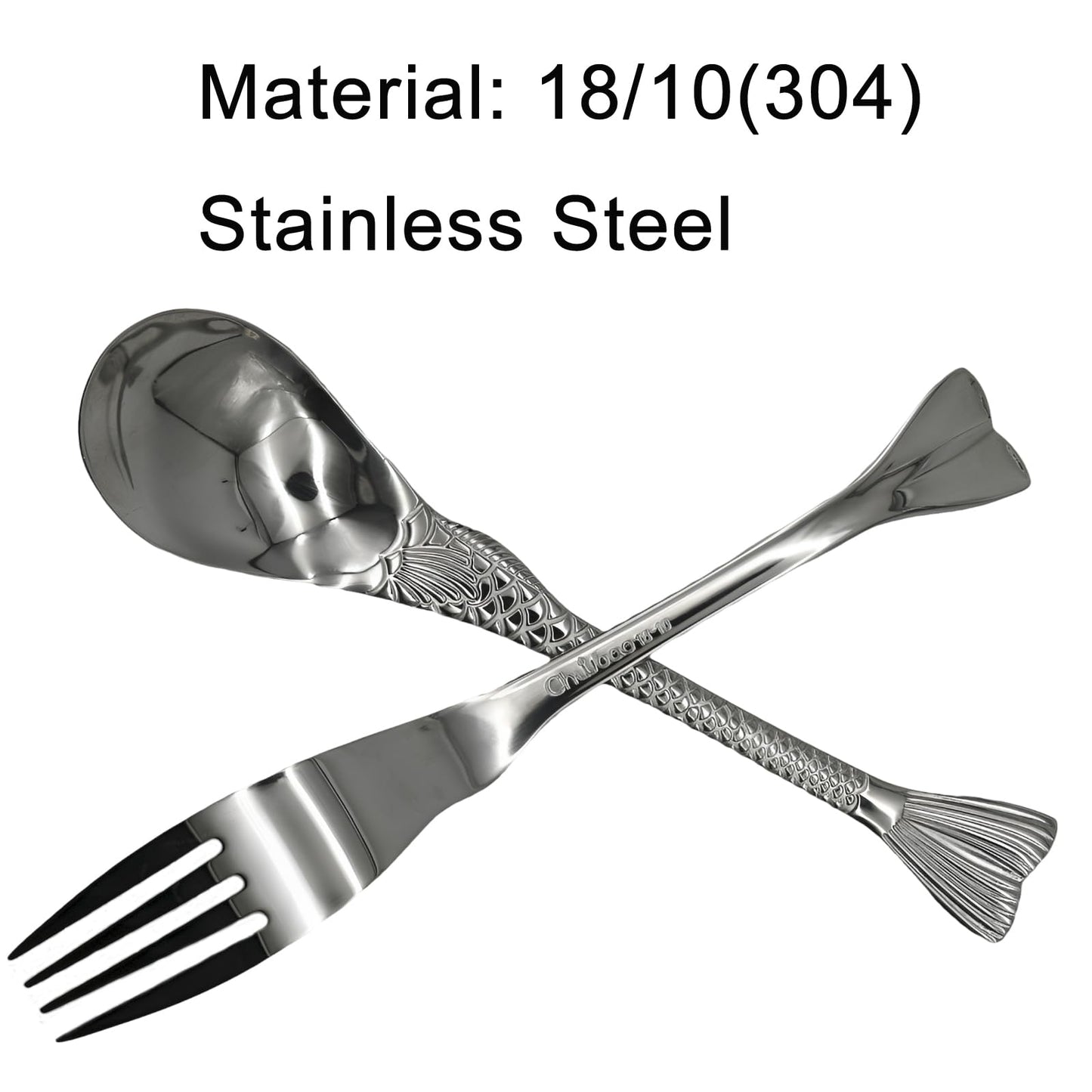 Pinenjoy 2Pcs Fishtail Handle Spoon and Fork Silver 18/10(304) Stainless Steel 7.5inch Asian Soup Spoon Dinner Fork Set for Porridge Cereal Salad Spaghetti