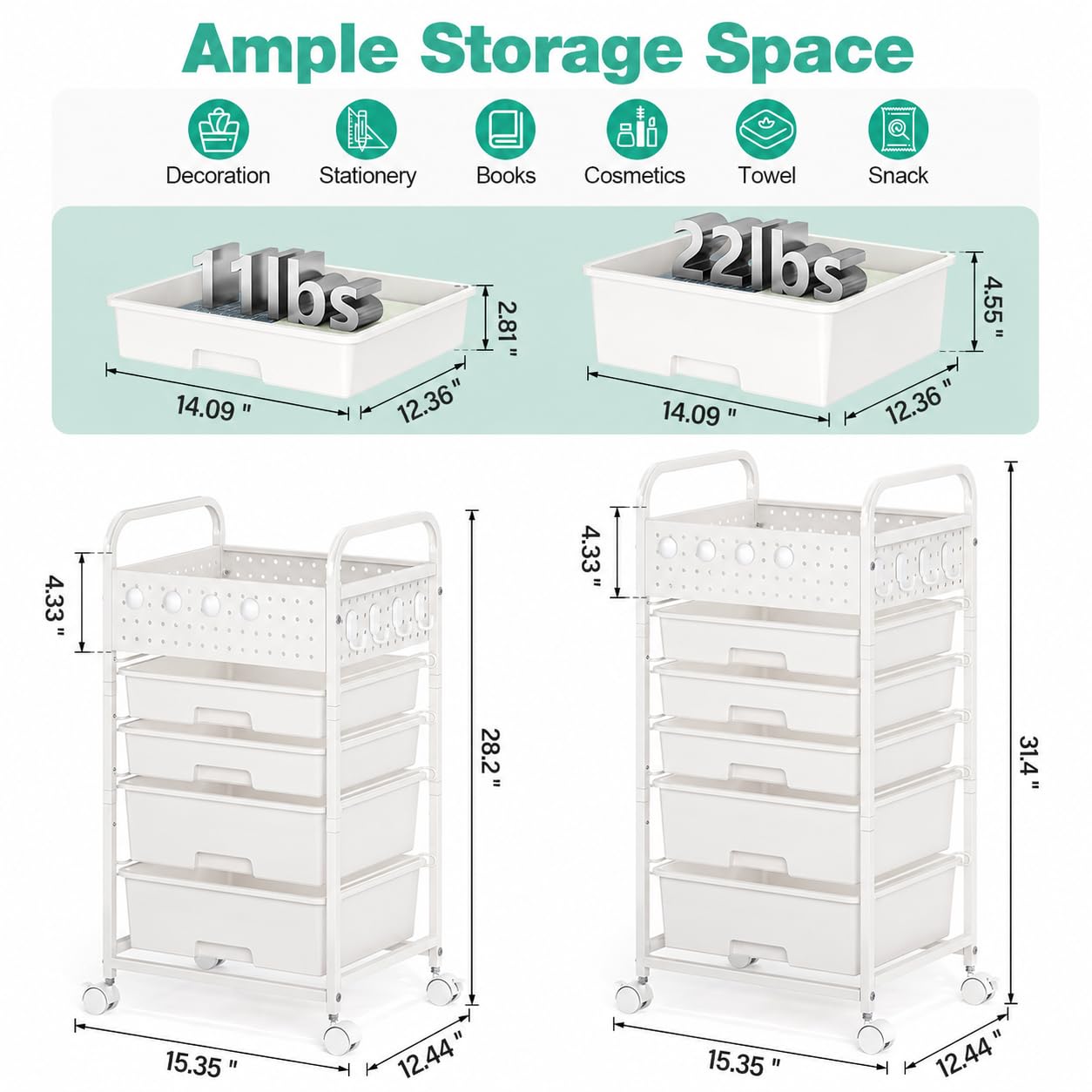 SYKIARIOL 4 Drawer Rolling Storage Cart with Pegboard Top and Hooks, Mobile Organizer Cart with Wheels for Office Supplies, Craft Storage, Classroom Organization, Home Utility Cart, White