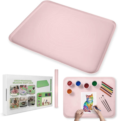 Extra Large Silicone Painting Mat for Crafts, 24”x 19” Waterproof Art Mat with Raised Sides, for Paint, Clay Playdough, & Jewelry-Making (Pink)