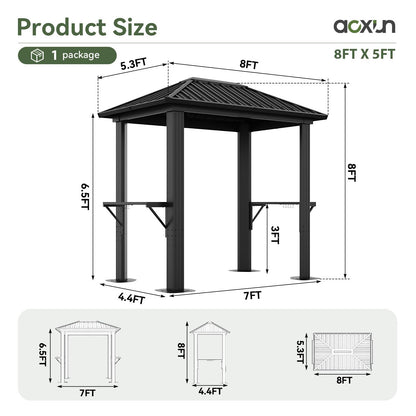 Aoxun Grill Hardtop Gazebo 5 x 8 FT, Outdoor Metal Hard Top Gazebo, Permanent BBQ Pavilion with Galvanized Steel Roof, Aluminum Pavilion with Shelves for Lawn, Garden, Patio, Backyard