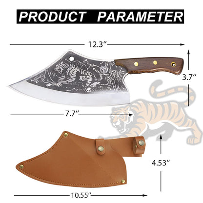 Meat Cutting Cleaver, Japanese Style Viking Kitchen Boning Knives with Sheath, Forged Butcher Deboning curved blade with Tiger Pattern, for Home and Restaurant - Premium Gift
