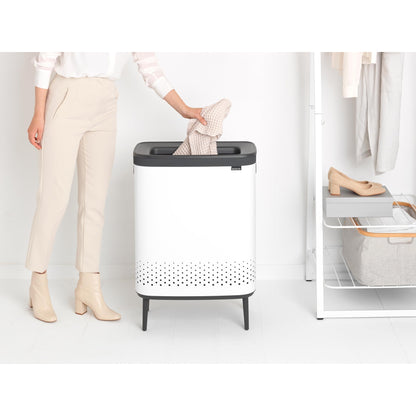 Brabantia Bo Laundry Hamper Hi (White) 2 Compartment Removable Laundry Bag 2 x 12 Gal, Ventilated Stylish Dirty Clothes Holder, Flat Back, Off-the Ground, Anti-Rust Materials for Bathroom Use