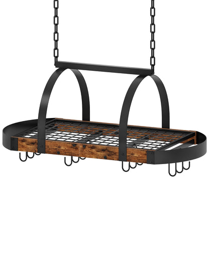 CHOEZON Hanging Pot Rack, Pot Hanger for Kitchen, Ceiling Mounted Pot Holder, Cookware Organizer with 12 S-Shaped Hooks, for Pot, Pan Storage, Space-Saving, Rustic Brown and Black TPR08BFC1