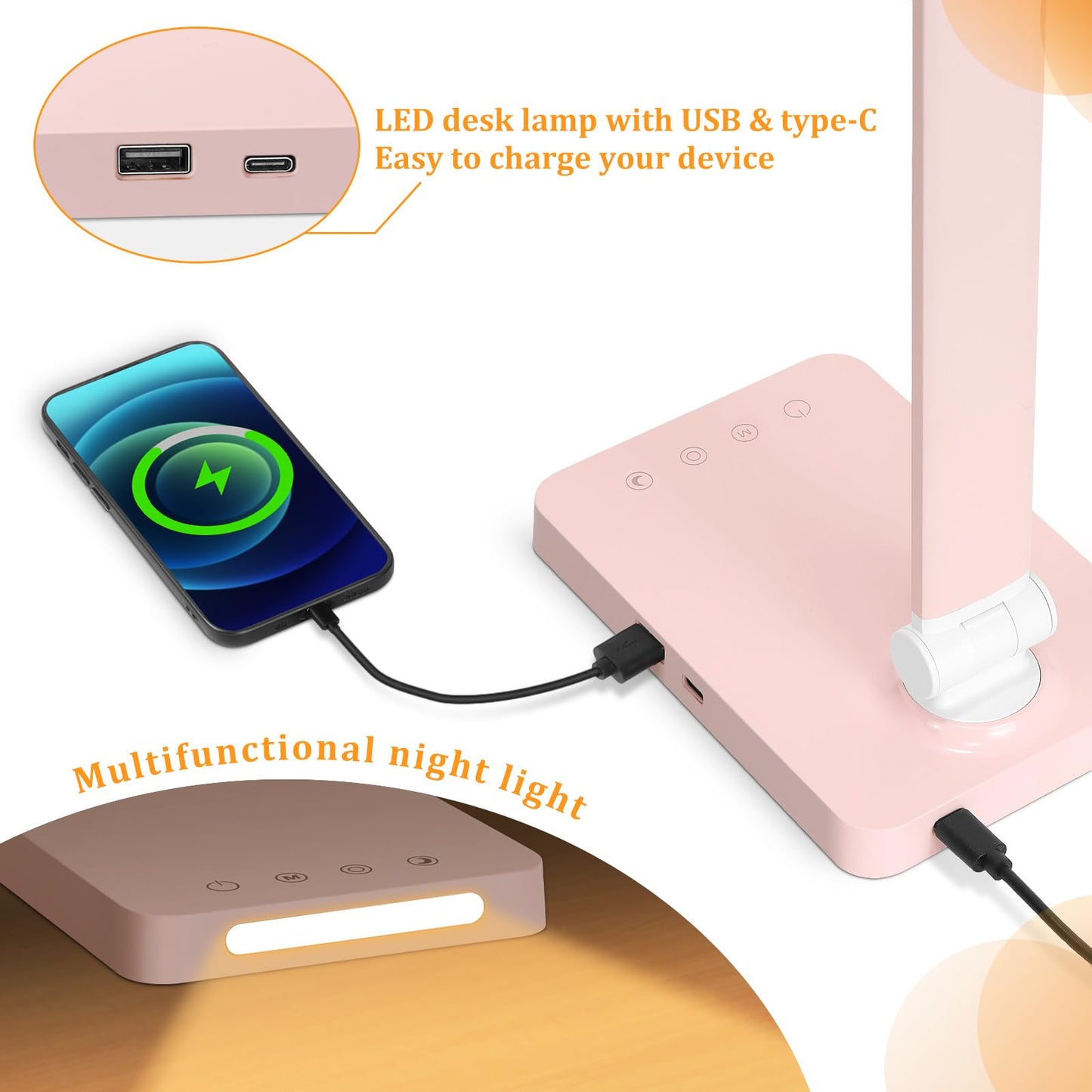 LED Desk Lamp with USB Ports,Touch Desk Lamps for Home Office with 5 Color Modes,3 Brightness Desk Light with Small Night Light,Reading Lamp Table Lamp for Bedroom Bedside Study Black （with adapter）