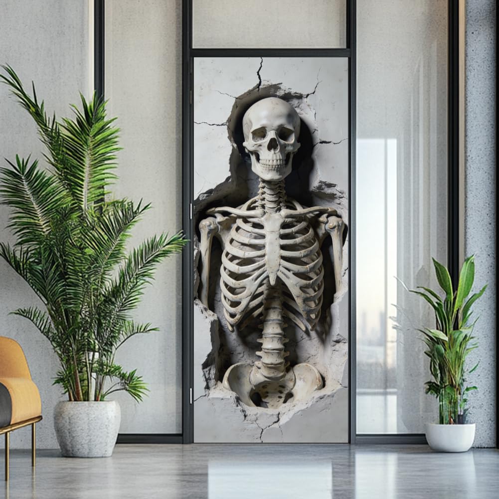 arricraft 2 Pcs 3D Self-Adhesive Door Sticker, 31.5"x78.7" Broken Wall Skeleton Decorations Door Murals Stickers PVC Removable Wallpaper Decoration for Bedrooms Living Room