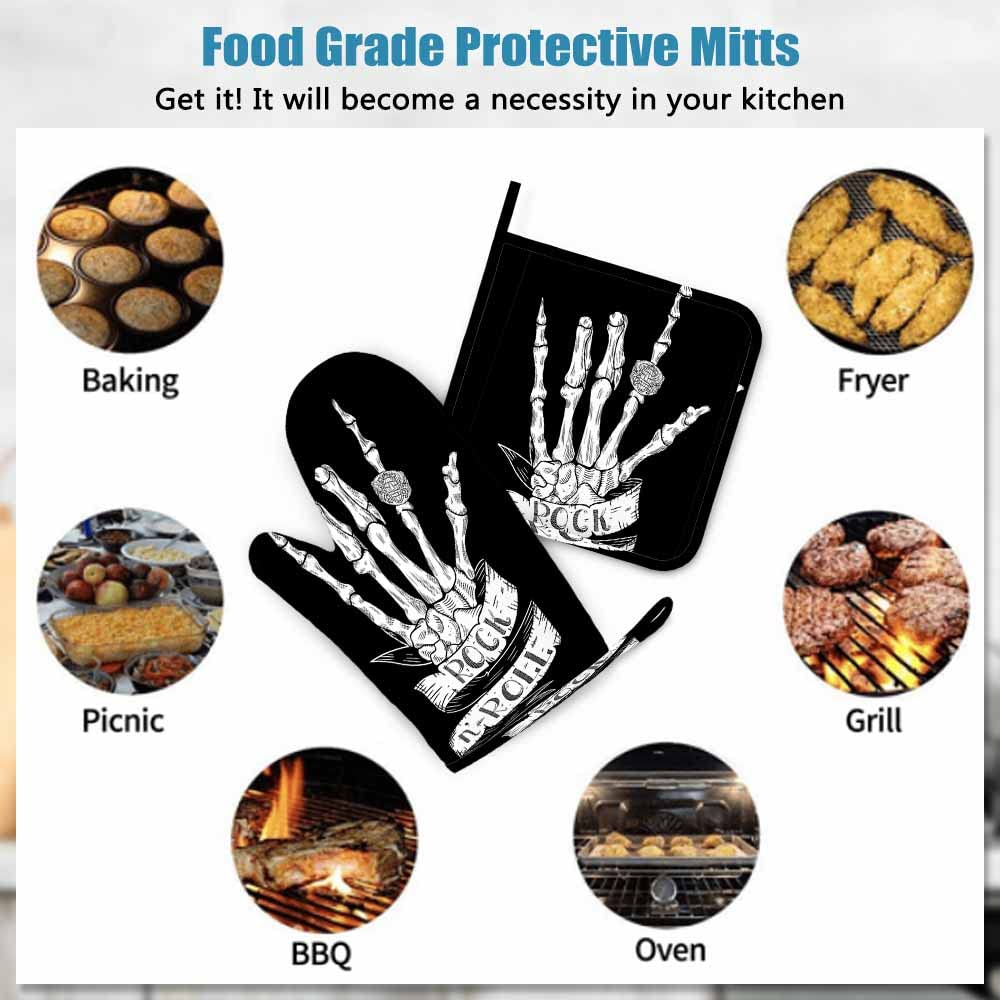 Mxocom Skeleton Oven Mitts and Pot Holders Sets Hand Rock N Roll Sign with Typography on Ribbon Black Silicone Heat Resistant Kitchen Oven Gloves Pot Holder for Cooking
