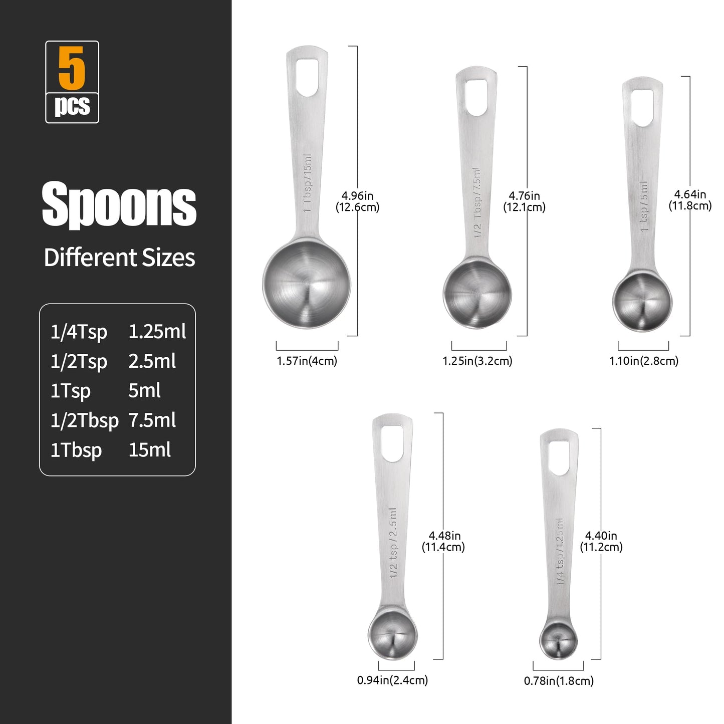 Doosu Measuring Spoons Set of 5-18/8 Stainless Steel Heavy Duty Teaspoons Tablespoons with Engraved Metric & US Measurements, Metal Measure Spoon for Dry and Liquid Ingredients, Dishwasher Safe