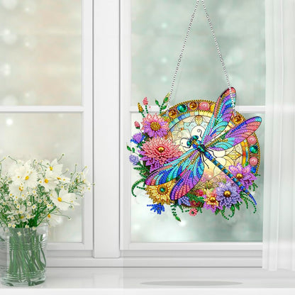 Koikify Diamond Painting Hanging Pendant Kit for Adults, Flower & Dragonfly Diamond Art Window Hanging Ornament with Double-Sided Pattern, Indoor Home Decoration and Gift