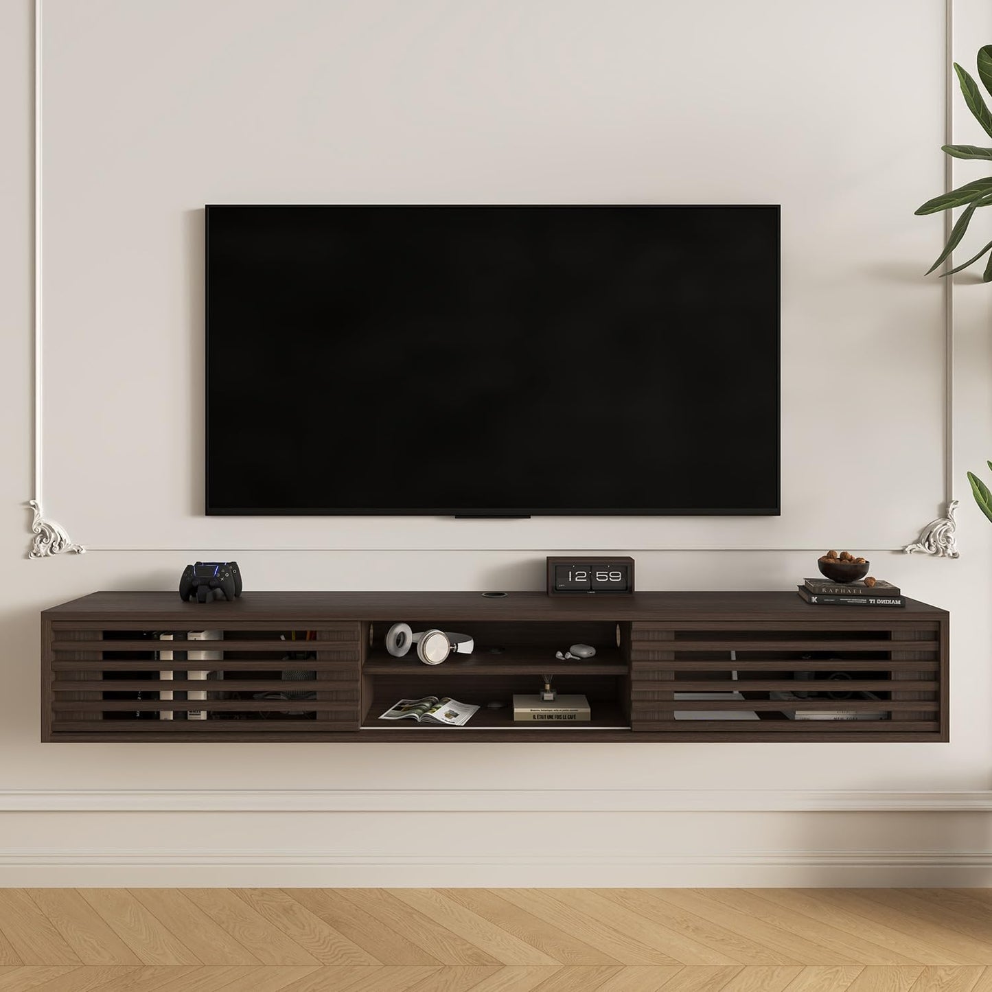 Furniloft 78" Floating TV Stand with Slatted Sliding Doors, Mid-Century Modern Wall Mounted Entertainment Center, Walnut Media Floating tv Console for 85 TV, Space-Saving Cable Management