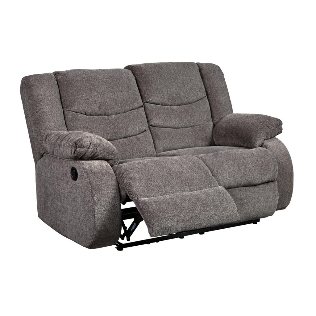 Signature Design by Ashley Tulen Reclining Loveseat, Dual-sided Recliner, Pull Tab Reclining Motion, Fabric Upholstery, 63" W x 40" D x 40" H, Dark Gray