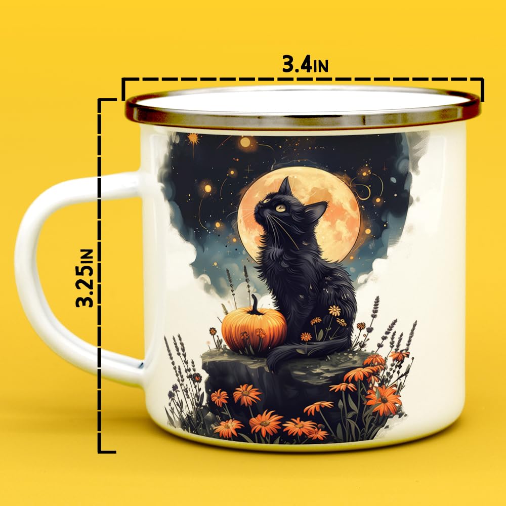 Mystical Black Cat Full Moon Enamel Camp Mug, Fall Halloween Spooky Outdoor Camping Coffee Cup, 12oz