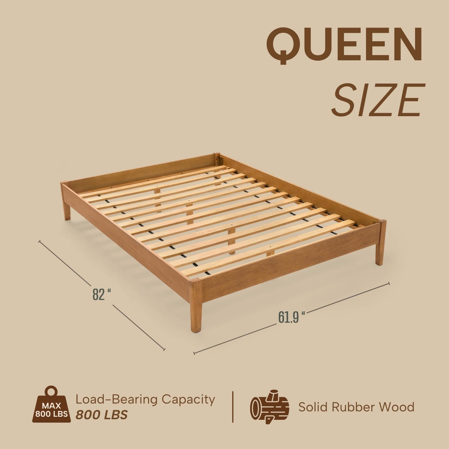 NATLE & CO Woodmere Premium Queen Bed Frame, Solid Wood Platform Bed, Wood Slat Support, Tapered Solid Wood Legs, No Box Spring Needed, Mid-Century Modern Style, Easy Assembly (Honey)