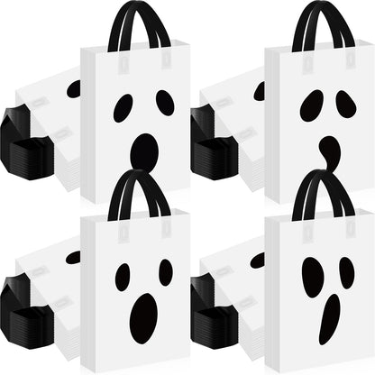 Gersoniel 100 Pieces Halloween Plastic Gift Bags with Handle Treat or Trick Ghost Tote Bags Candy Goodie Bag for Home Treat or Trick Halloween Party Favor Supplies Decoration