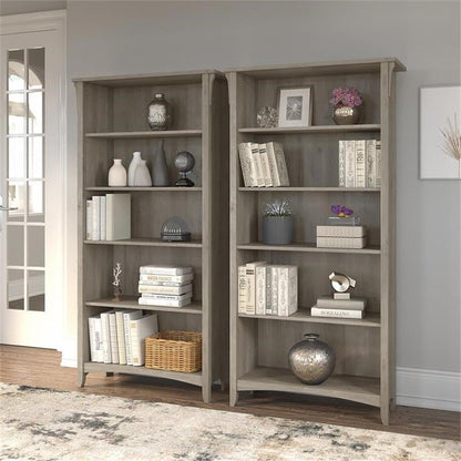 Bush Home Salinas Tall 5 Shelf Bookcase - Set of 2 in Driftwood Gray, Vertical Office Storage, Bookshelves for Home Workspace, Multi-Purpose Shelving Units