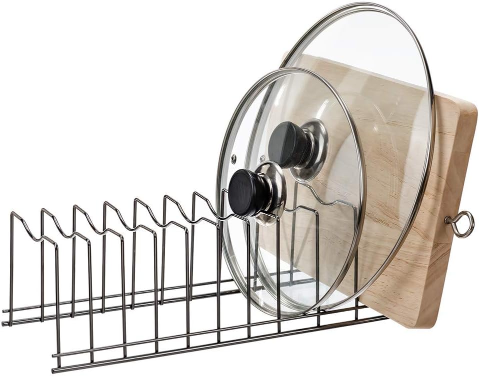 SANNO Pan Pot Lid Holder Organizer - Kitchen Rack for Plates, Bakeware, Pots & Pans, Nickel, 10 Dividers