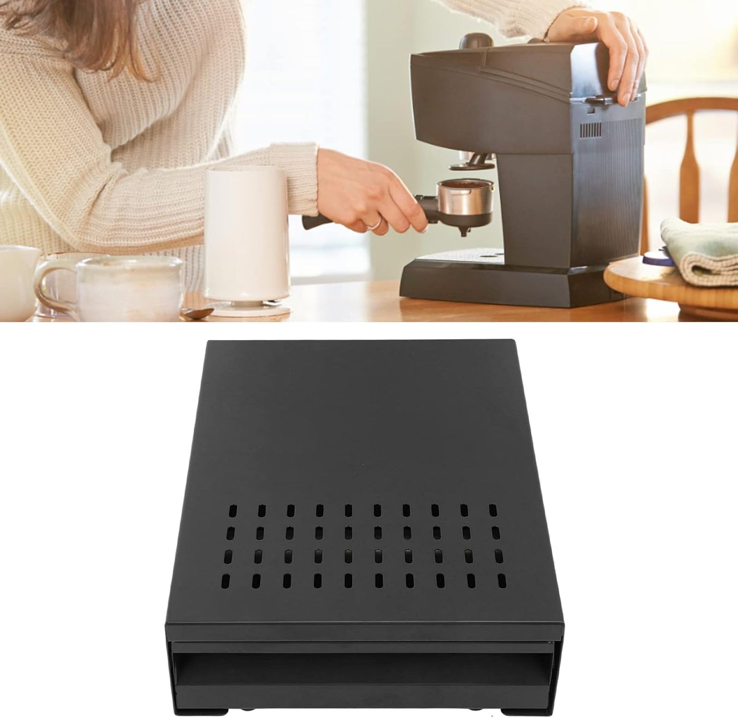 Stainless Steel Drawer Type Coffee Knock Box, Large Capacity Espresso Container, Detachable with Non-Slip Base, Black