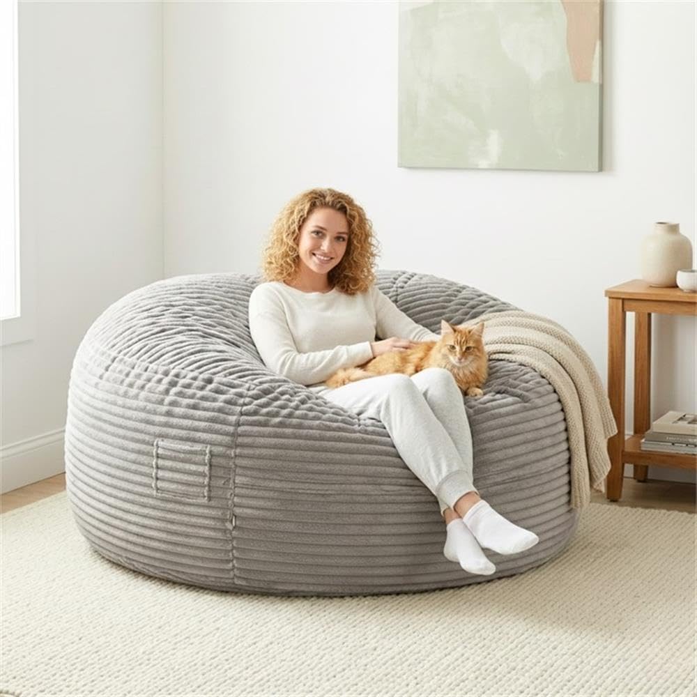 Pemberly Row 6 ft. Gray Faux Mink Bean Bag, Shredded Foam Filling, Soft Corduroy Upholstery, Removable Washable Cover, Oversized Lounger for Living Room, Bedroom, Playroom Relaxation