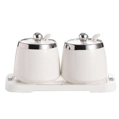shuqiao Porcelain Condiment Jar Spice Container with Lid - Ceramic Spoon, Plastic Tray is the best clay pot for your home, kitchen, counter. White, 280 ml (9.4 oz), 2-piece set (3, Square)