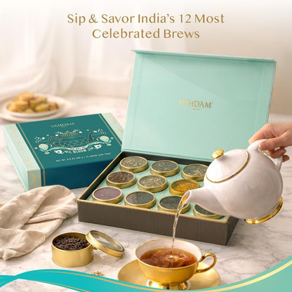 VAHDAM, Bloom - Assorted Tea Gift Set (12 Loose Leaf Tea) Tin Caddy Presentation Box | Gluten Free, Non GMO | Tea Gift Set for Women & Men