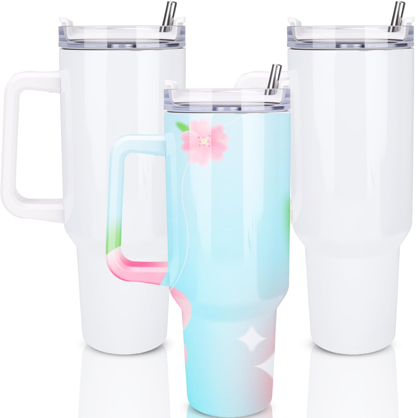 Fallhork 3 Pack 40 oz Sublimation Tumblers with Handle and Straw Lid Stainless Steel Blanks White Large Tumblers Coffee Cup for DIY Craft Heat Press Print