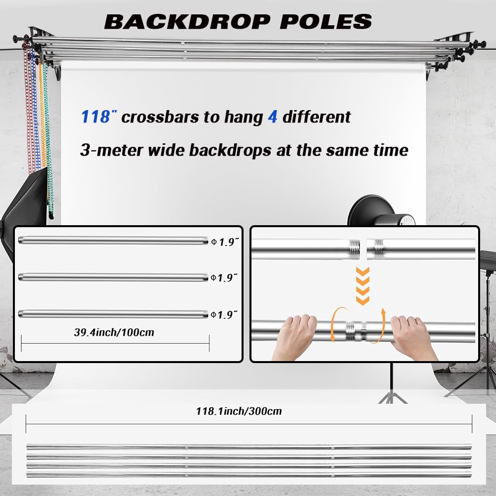 MagicLine Photography Backdrop 4 Roller Support System, 118 inch Stainless Steel Crossbars Manual Backdrop Stand,Wall/Ceiling/Light Stand Mount Background Holder for Home & Studio(Stability)